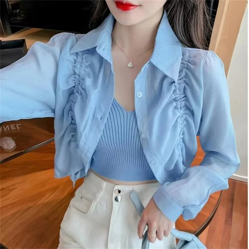 Women Blouse Drawstring Sunscreen Short Tops Long Sleeve Shirts Lightweight Outerwear Spring Summer Jacket Trend Buttons Shirts