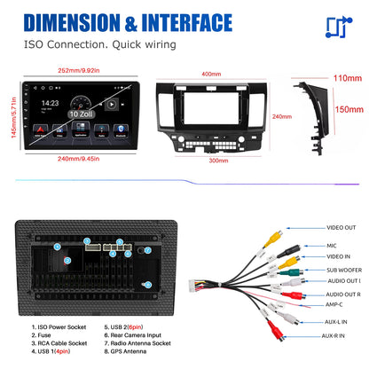 10" Android 15 Car GPS Car Stereo Radio For 2008-2017 Mitsubishi Lancer Apple Carplay 4+64G IPS Touch Screen WiFi GPS BT+DVR&CAM