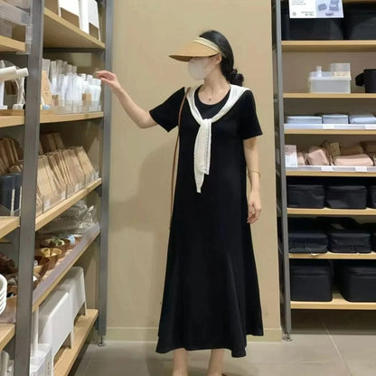 Naval Collar Lace Trim Slimming Long Dress French Style Loose Fit Mommy's Summer Dress mid Waist Design Casual  Knot