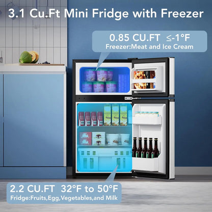 3.2 Cu.Ft Mini Fridge with Freezer, Compact Refrigerator with 2 Doors, Small Fridge with Adjustable