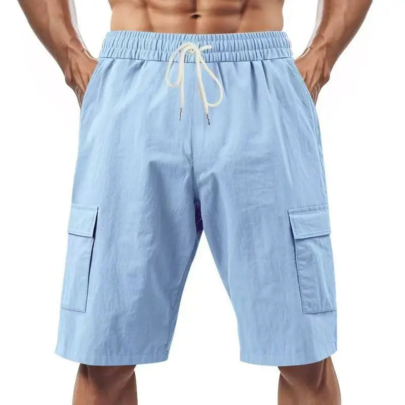 2026 New Summer Casual Cotton and Linen Pocket Solid-Color Shorts, Men's Lace-Up Fashionable and Comfortable Beach Cargo Pants