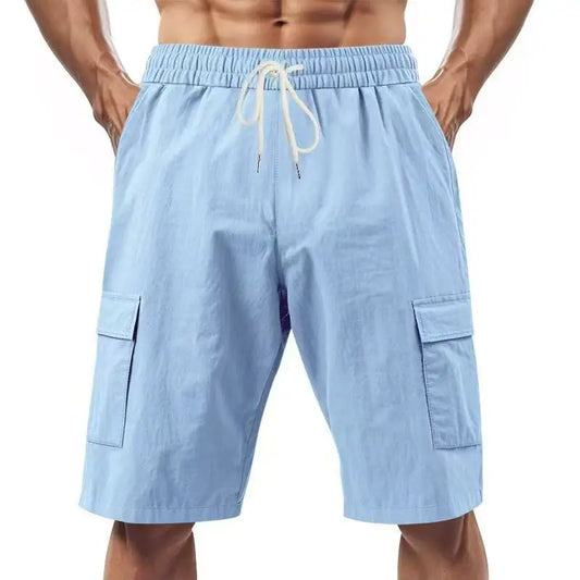 2026 New Summer Casual Cotton and Linen Pocket Solid-Color Shorts, Men's Lace-Up Fashionable and Comfortable Beach Cargo Pants