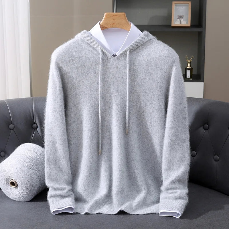 Autumn And Winter New 100% Pure Mink Wool Men Hooded Sweater Solid Color Knitted Sweater Loose Bottoming Leisure