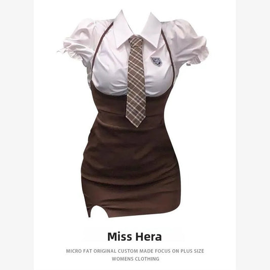 HELA American College Style Retro Wrap Skirt Set Women Summer Pure Desire Strap Dress Shirt Two Piece Set Long Sleeve