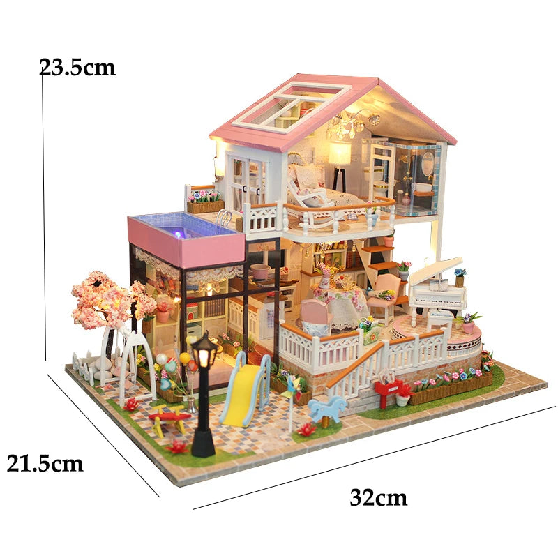 Vintage Coffee Shop DIY Miniature Dollhouse Kit with LED Light 3D Wooden Puzzle Building Kit Full Furniture Creative Craft Gifts