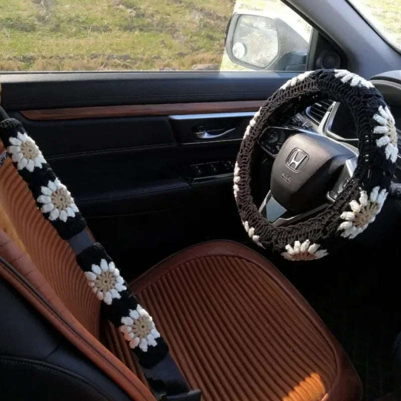Warm Anti-Slip Hand Crocheted Flower Car Steering Wheel Cover Simple Stylish Winter Car Decor Safe Driving Seat Belt Accessory