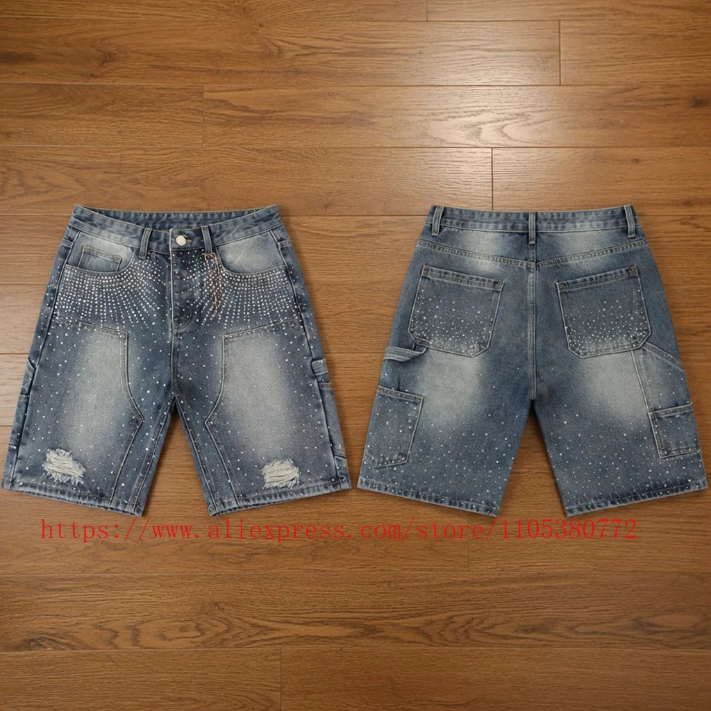 American Fashion Rhinestone-decorated Denim Shorts for Men Y2K Washed Blue Loose Denim Shorts Street Style Summer Casual Shorts