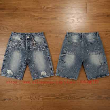 American Fashion Rhinestone-decorated Denim Shorts for Men Y2K Washed Blue Loose Denim Shorts Street Style Summer Casual Shorts