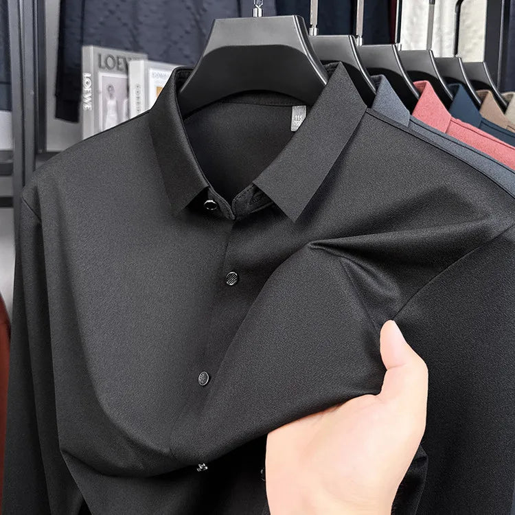 Men's Wool-Blend Dress Shirt Charcoal Gray Business Essential Seamless Technology Non-Iron & Tailored Collar All Season Comfort
