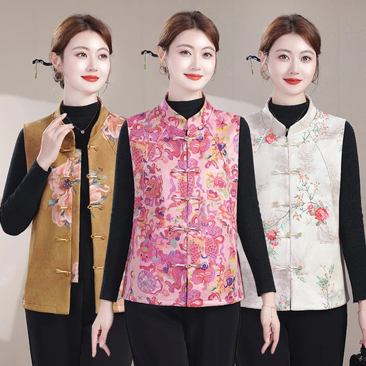 Plus Size Mother's Vest Spring Asian style print Top Elderly Women's Casual Sleeveless Jacket  Waistcoat