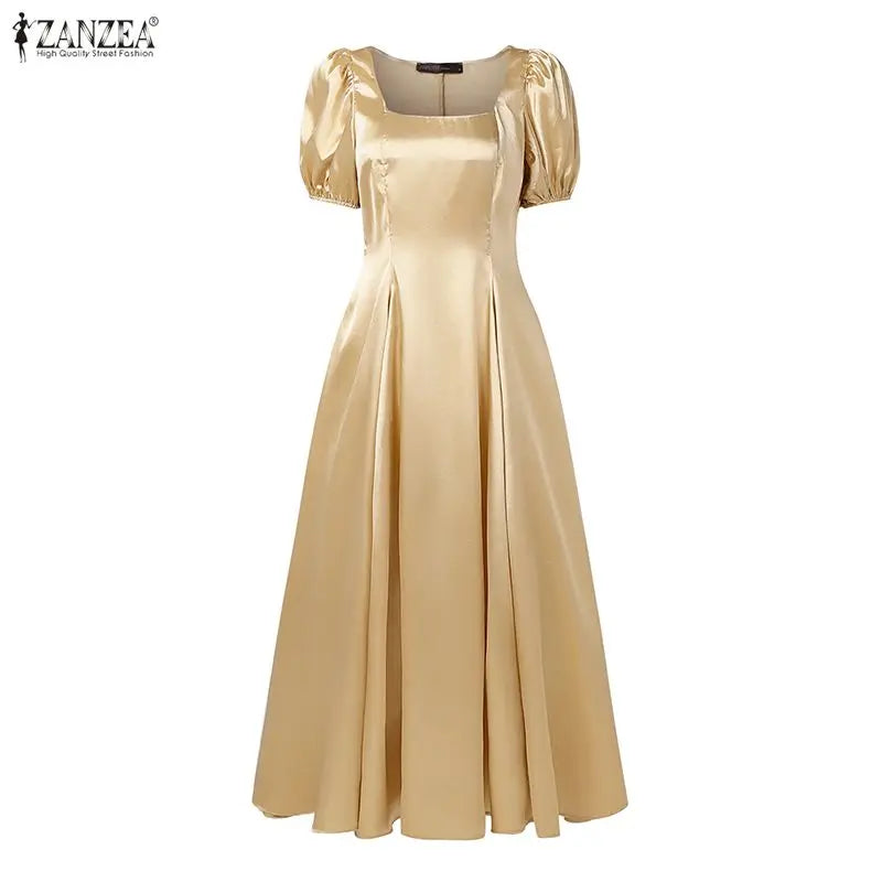 ZANZEA Elegant Chic Women Satin Wedding Guest Party Long Dresses Square Neck Short Puff Sleeve Fitted Waist A-Line Dress S-3XL