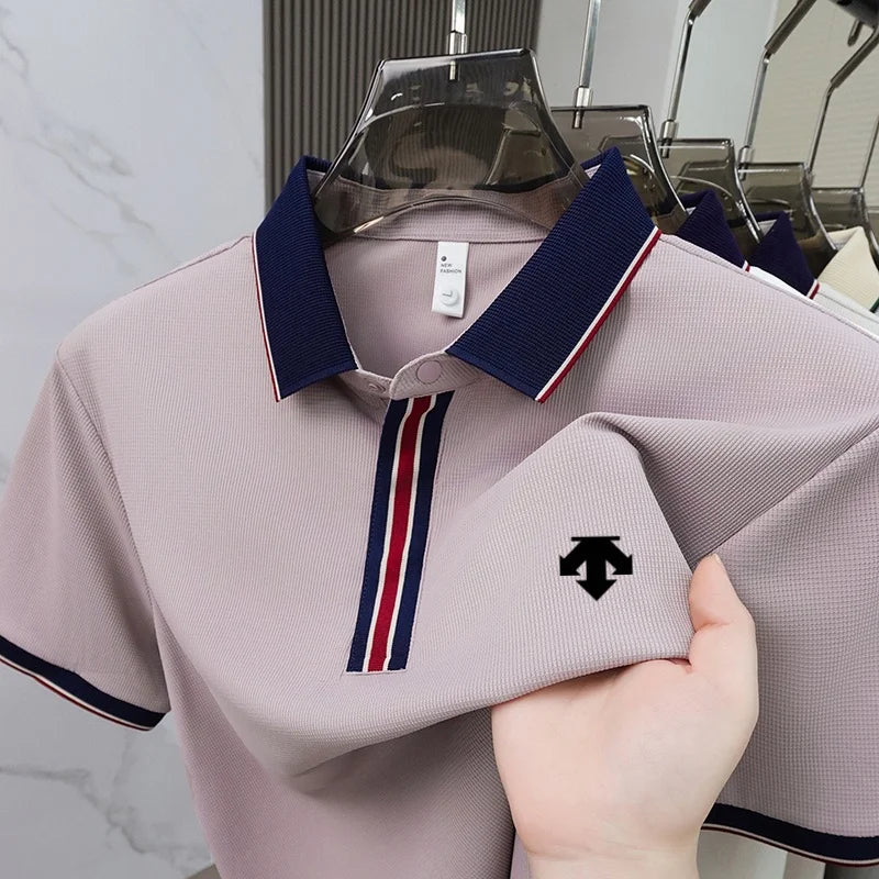 2026 Summer Luxury Men's Polyamide Polo Shirt Fine Embossed Texture Slim Fit Lightweight Stretch Breathable Business Casual Golf
