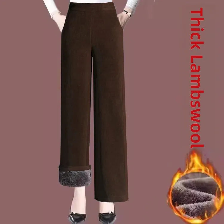 High Quality Fleece Lined Wide Leg Pants Thickened Corduroy Straight Cut Casual Trousers for Women Winter 2025 Warmth Elastic...