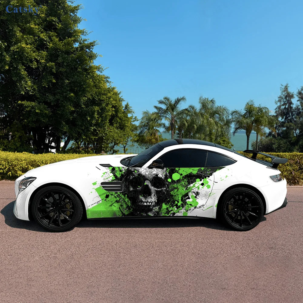 Striped Digital Pixel Skull Splash Car Side Sticker Decor,PVC Waterproof Scratch Resistant Decal,Car Protection,Auto Accessories