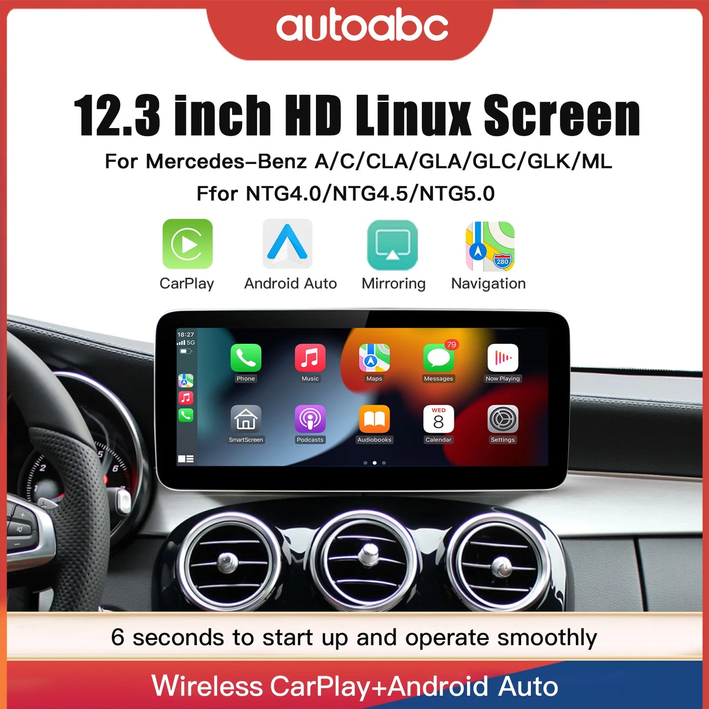 Wireless Carplay/Android Auto 12.3'' Touch screen Multimedia for Mercedes Benz NTG5.0  A B E C GLE W167 W212 W246 W205 W176 C117