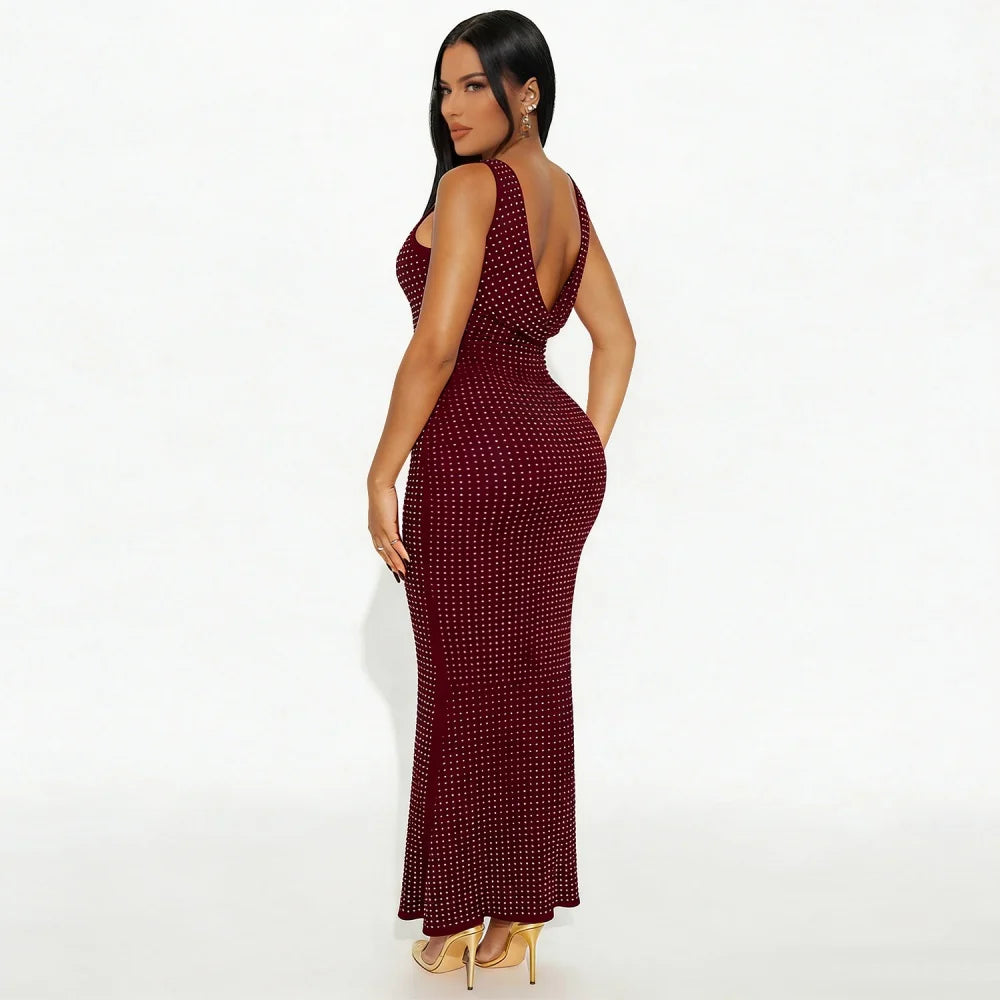 RLMABABY Sexy Swinging Collar Diamond Women Club Bodycon Dress Sleeveless Backless Evening Party Long Prom Dress