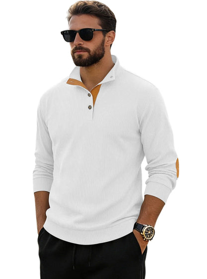 Men‘s Corduroy Button Up Pullover Stand Collar Contrast Elbow Patch Casual Top 2026