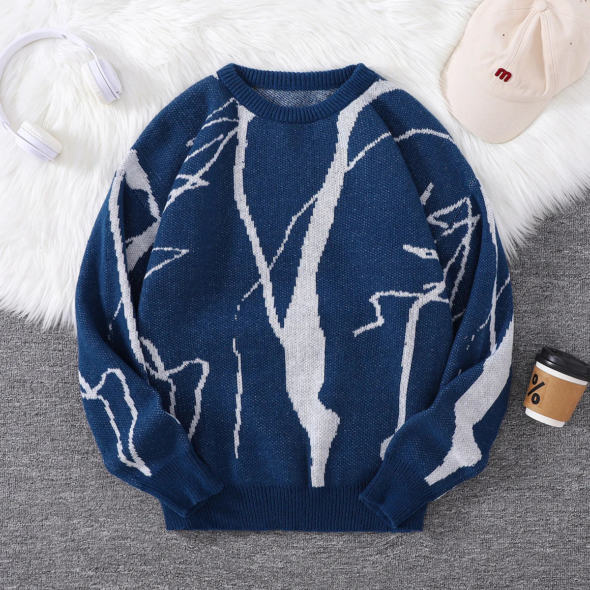 Street Graffiti Pattern Pullover Sweater, Casual Round-Neck Knit Men's Pullover, Suitable for Everyday Wear, Unisex Top for Going Out, Regular Fit, Suitable for Autumn and Winter