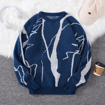 Street Graffiti Pattern Pullover Sweater, Casual Round-Neck Knit Men's Pullover, Suitable for Everyday Wear, Unisex Top for Going Out, Regular Fit, Suitable for Autumn and Winter