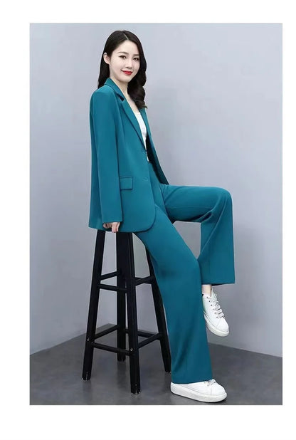 Spring 2026 plus Size Suit Set Loose Wide Leg Pants Two Piece Set Korean Style Commute Casual High Waist Polyester Fiber