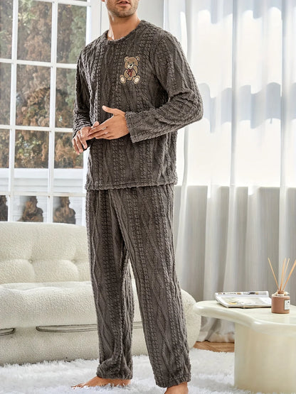 Autumn Season Men'S Long Retro Print Pajama Set, Perfect for Fall/Winter Casual Long Sleeve Button-Up Pajama Sets Nightwear Pjs