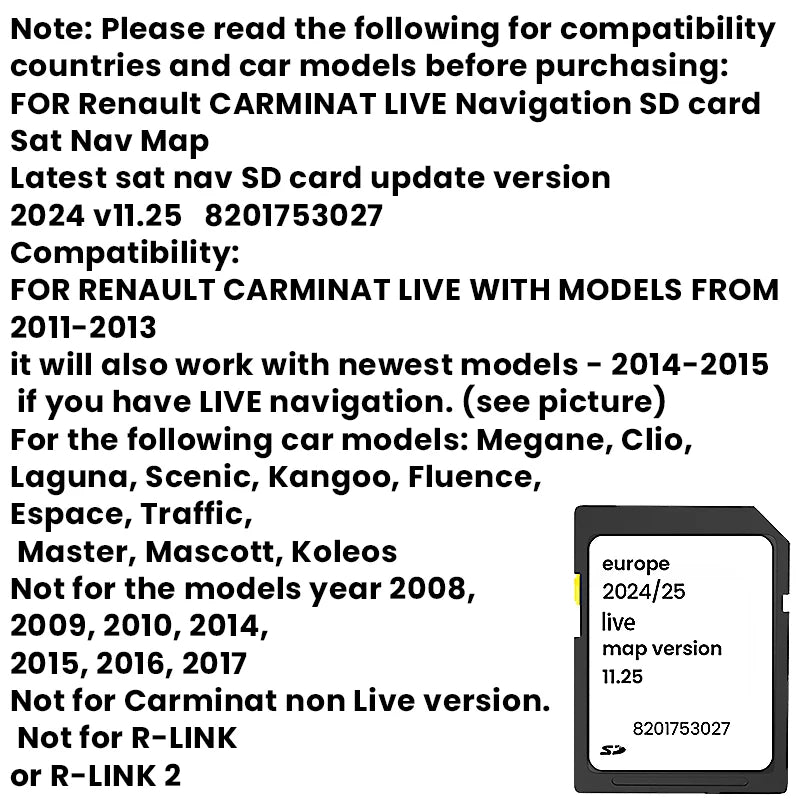 UPDATED MAPS SD CARD SAT NAV SD CARD FOR RENAULT CARMINAT LIVE VERSION 11.25 2024/2025 SPEEDCAM GPS SD CARD NEW