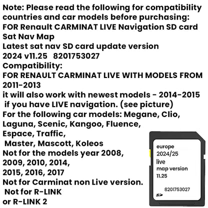 UPDATED MAPS SD CARD SAT NAV SD CARD FOR RENAULT CARMINAT LIVE VERSION 11.25 2024/2025 SPEEDCAM GPS SD CARD NEW