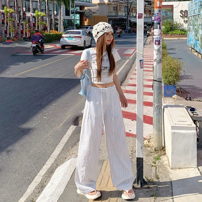High-waist loose wide-leg pants, spring and summer new drawstring vertical striped versatile straight-leg casual pants for women