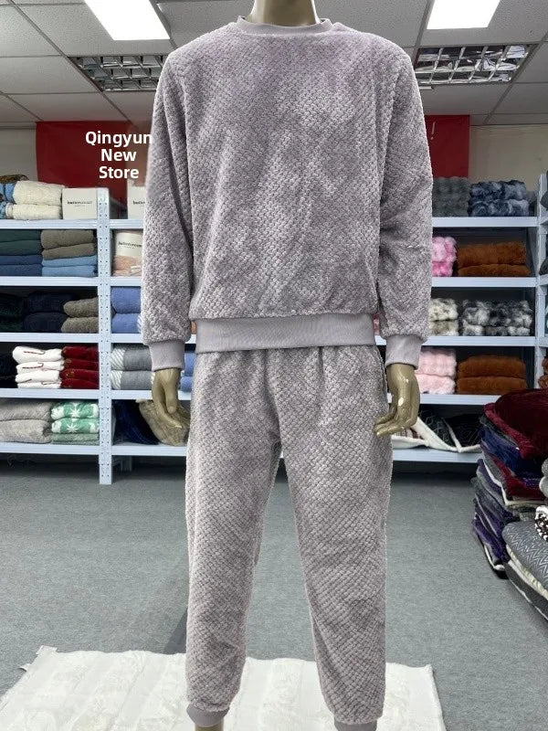 Couples Flannel Sleepwear Hooded Home Clothes Set Men Women Casual Warm Long Sleeve round Neck Wide Leg Pants Comfortable