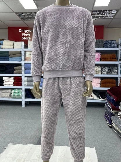 Couples Flannel Sleepwear Hooded Home Clothes Set Men Women Casual Warm Long Sleeve round Neck Wide Leg Pants Comfortable