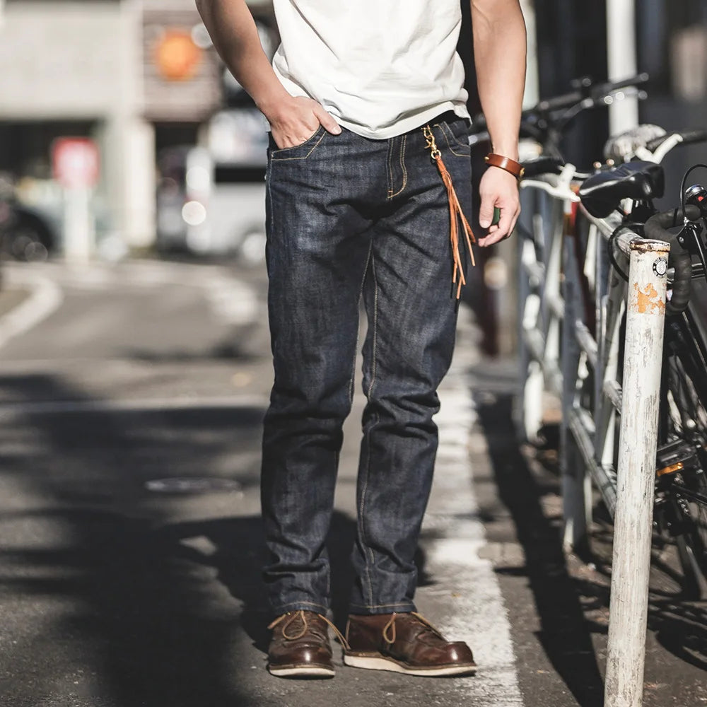Maden Vintage 14oz Selvedge Raw Denim Jeans Horsehair Leather Patch Straight Fit Jeans Men's Spring and fall Paris Buckle Pants