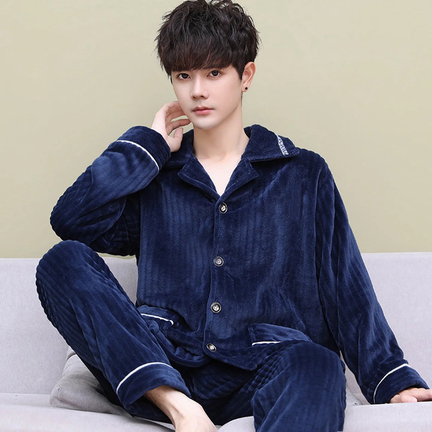 Men's Thickened Flannel Pajamas Coral Fleece Home Clothes Cardigan Set Long Sleeve Long Pants Soft Warm Winter Autumn Sleepwear