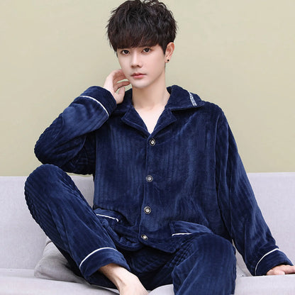 Men's Thickened Flannel Pajamas Coral Fleece Home Clothes Cardigan Set Long Sleeve Long Pants Soft Warm Winter Autumn Sleepwear
