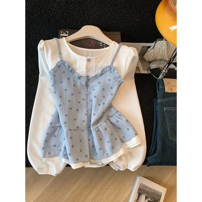 Floral round Neck Shirt Women's 2026 New Spring Design Color Block Fake Two-Piece Layering Long Sleeve Top Polyester Fiber