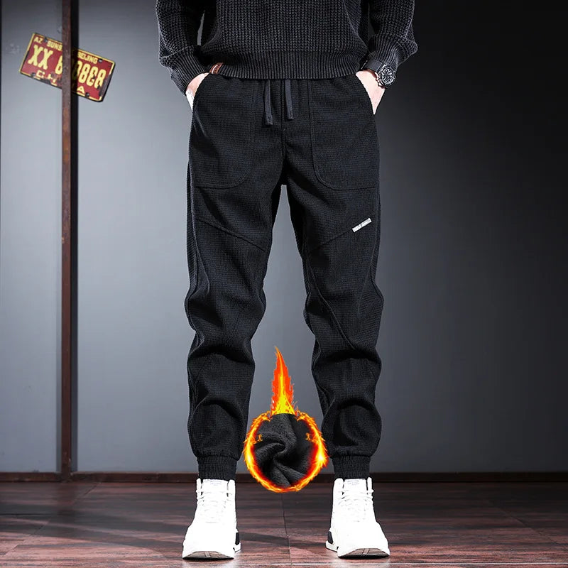 Men's Fleece Lined Thickened Autumn Winter Workwear Pants Loose Fit Low Waist Long Trousers Casual Youth Style Baggy Size