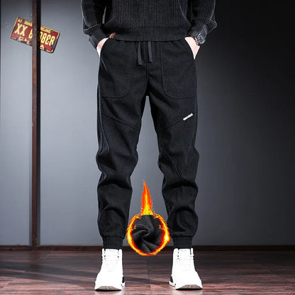 Men's Fleece Lined Thickened Autumn Winter Workwear Pants Loose Fit Low Waist Long Trousers Casual Youth Style Baggy Size