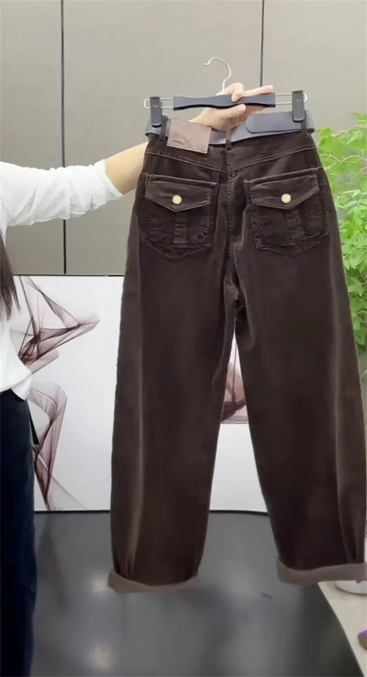 High Waist Cotton Corduroy Harlan Pants Slim Fit Casual Nine Point Knife  Straight Leg Crop Leisure Long Trousers