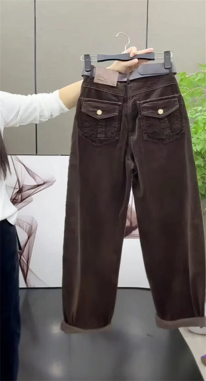 High Waist Cotton Corduroy Harlan Pants Slim Fit Casual Nine Point Knife  Straight Leg Crop Leisure Long Trousers