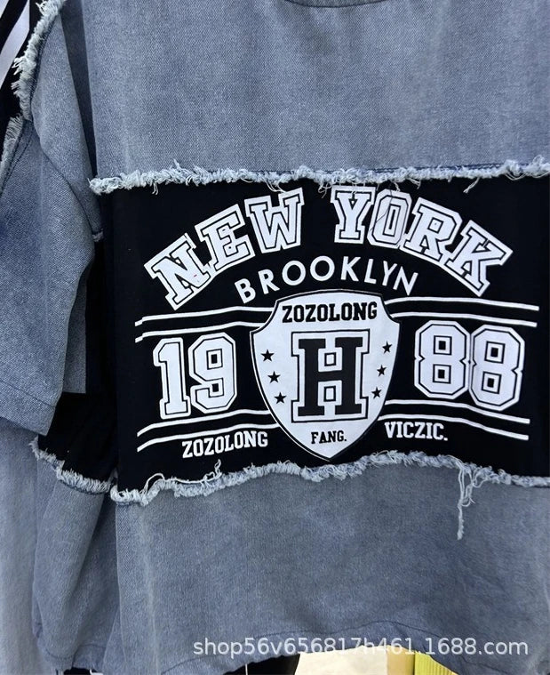 Fashionable Women Two-piece Sets Denim Splicing Letters Printed Loose Short Sleeve T-shirt Top+Elastic High Waist Straight Jeans