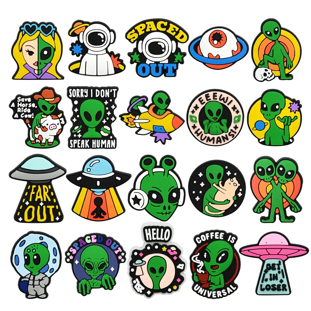 20-100pcs Alien Universe Astronaut Shoe Buckle Accessories PVC DIY Sandal Shoes Charms Clogs Pins Decor Kids Man Party Gift