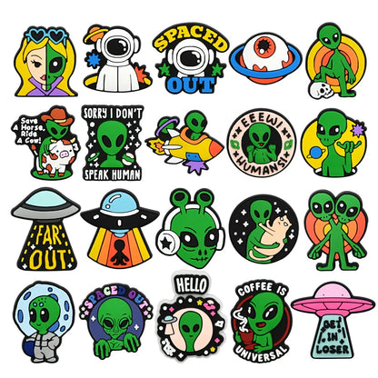 20-100pcs Alien Universe Astronaut Shoe Buckle Accessories PVC DIY Sandal Shoes Charms Clogs Pins Decor Kids Man Party Gift