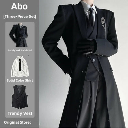 2025 New Long Tailored Coat Jacket Four-Piece Set Neutral Style Shoulder-Length Black High-End Feelings Casual Youth Fashion