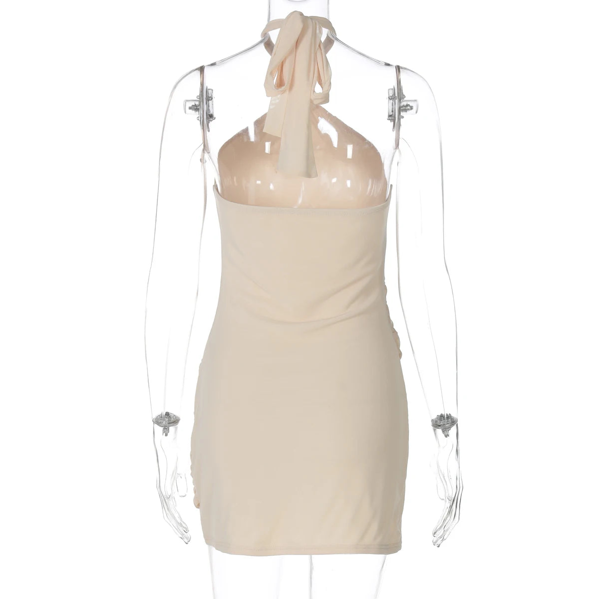 Hugcitar Halter Solid Sleeveless Backless Lace Up Ruched Sexy Bodycon Mini Dress Summer Women Clothes Party Festival Outfit