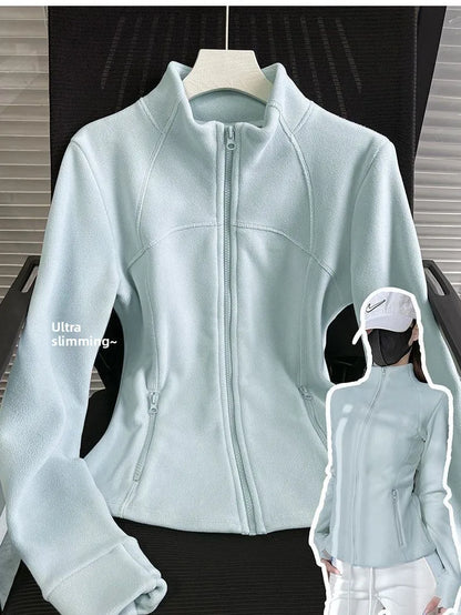 Thickened Fleece Women's Zipper Hoodie Slim Fit Warm Outerwear Stand Collar Cardigan Long Sleeve Autumn Winter Fashionable Top