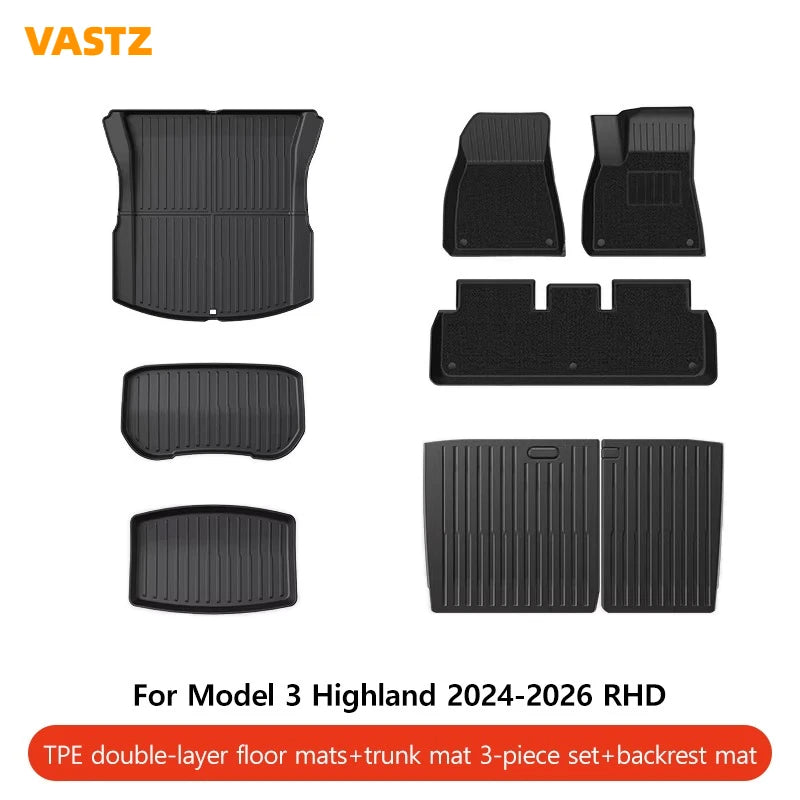 VASTZ TPE Floor Mats for Model Y Juniper 2025 2026 Model 3 Highland 2024-2026 RHD Anti-Slip Trunk Liner for Right Hand Drive Car