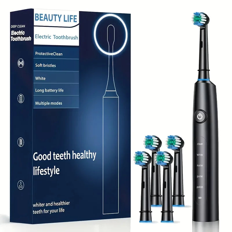 Electric Rotating Toothbrush Deep Clean Whitening Teeth for Adult Ultrasonic Toothbrush with 4/8pcs Refill Replacement Heads