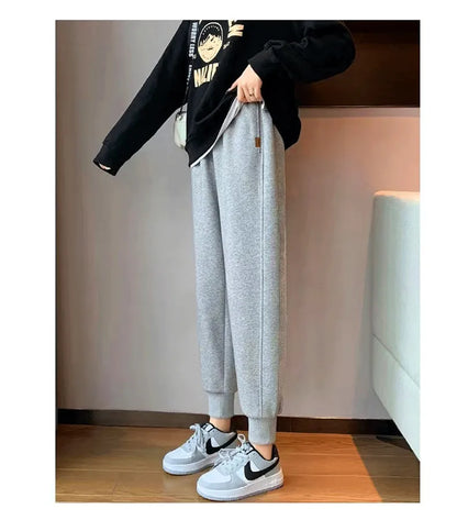 plus Size Women's Slimming Fleece Lined Cuffed Thickened Warm Sports Pants Commute Style Korean Fashion Winter Collection