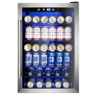 Wine Cooler 37 Bottle Freestanding Fridge with Stainless Steel Reversible Glass Door, 145 Can Beverage Refrigerator Quiet Compr