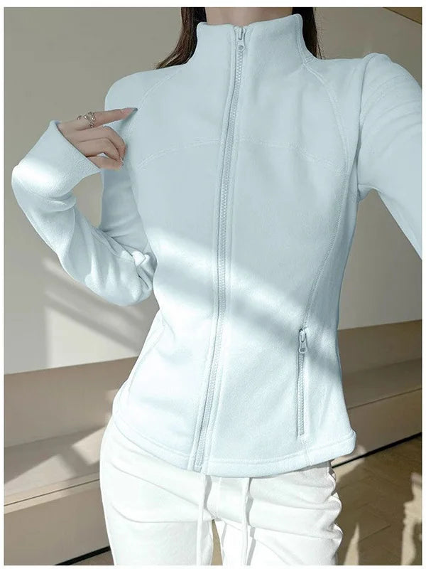Women's Slim Fit Fleece Lined Short Cardigan Sweater Stand Collar Thickened Waist Shaping Autumn Winter Fashion Outerwear