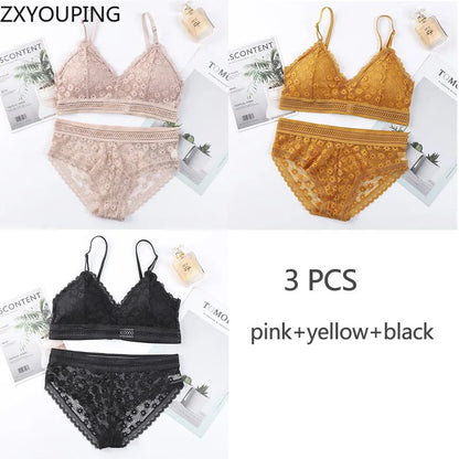 3 Piece Set Bra Sexy Lace Beauty Back Suit Underwear Gather Seamless Women's Underwear Panties Comfortable Lingerie